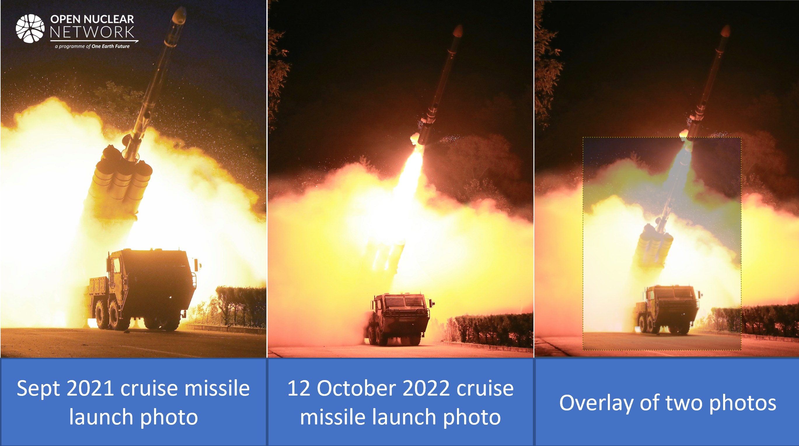 Comparison between cruise missile launch photos released by the DPRK in Sep 2021 and Oct 2022.